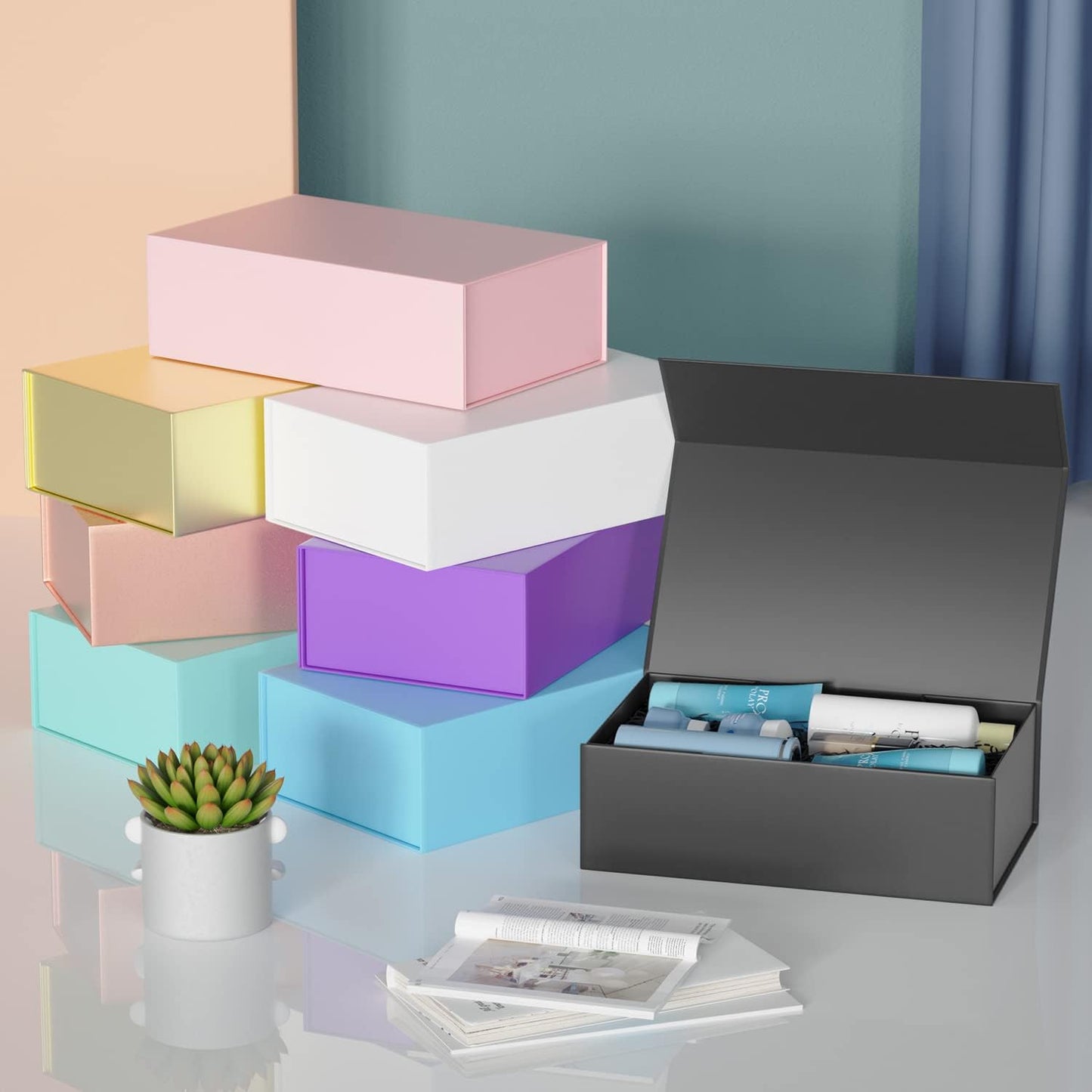 Black Gift Box, 9.5x6x3 Inch Gift boxes for Presents with Lids Magnetic Closure Rectangle Collapsible for Groomsman Proposal Box, Wedding, Christmas, Halloween, Birthday Gifts Packging