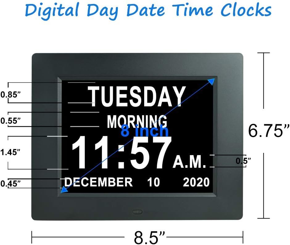 [2025 Newest] Digital Day Calendar Clocks 3 Medicine Reminders Extra Large 8 Inch Non-Abbreviated Day Date Month Dementia Senior Clock for Eldarly Memory Loss Vision Impaired Clock