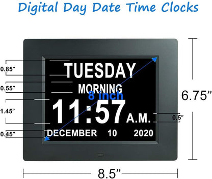 [2025 Newest] Digital Day Calendar Clocks 3 Medicine Reminders Extra Large 8 Inch Non-Abbreviated Day Date Month Dementia Senior Clock for Eldarly Memory Loss Vision Impaired Clock