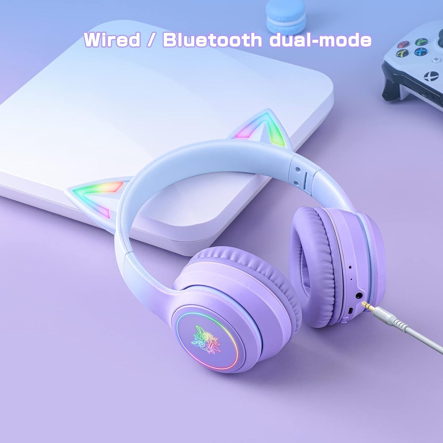 Bluetooth Cat Ear Headphones for Kids & Adults, Wireless Wired Dual Channel, SIMGAL Foldable Over-ear Headsets with RGB Lights, Control Volume & Built-in Mic, For Cell Phones/PC/Tablet/Laptop (A Pink)
