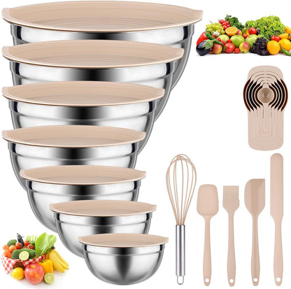 Mixing Bowls with Lids Set - 25 PCS Stainless Steel Nesting Khaki Mixing Bowls Set for Baking,Mixing,Serving & Prepping,Size 5, 3.7, 2.8, 2.3, 1.7, 1.1, 0.7QT,11 Cooking Utensils