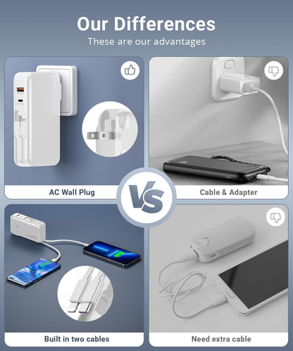 Portable Charger Power Bank 16000mAh Power Bank Built-in AC Wall Plug and Cables, PD 30W and QC4.0 Fast Charger for Most Electronic Devices (White)