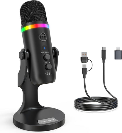 ZealSound USB Microphone,Condenser Phone Computer PC Mic kit,Plug&Play Gaming Microphones for PS 4&5.Mic Gain&Volume Control,Echo &Mute Button for Vocal,Record,Streaming,Discord YouTube Podcast on Mac