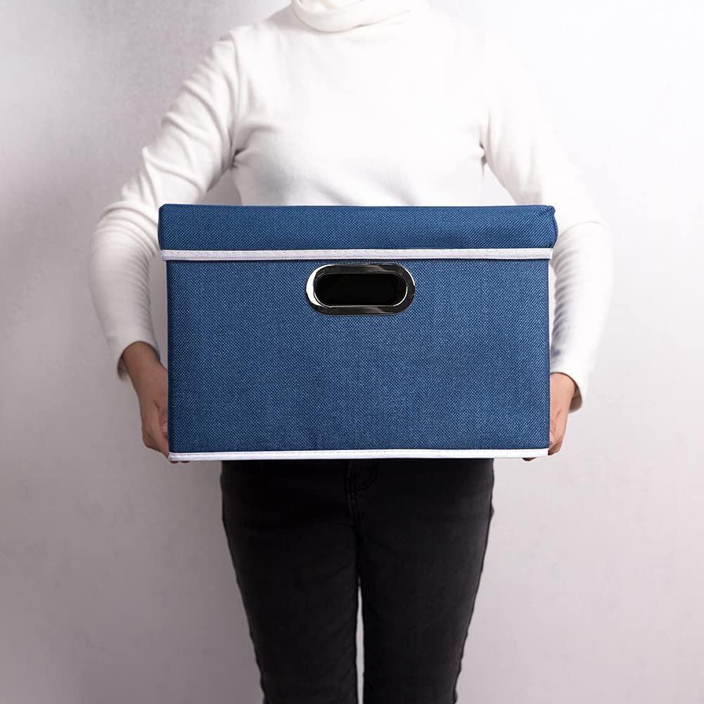 PRANDOM Large Foldable Storage Bin with Lid [1-Pack] Linen Fabric Decorative Storage Box Organizer Containers Basket Cube with Handles Divider for Bedroom Closet Office Living Room (17.7x11.8x11.8")