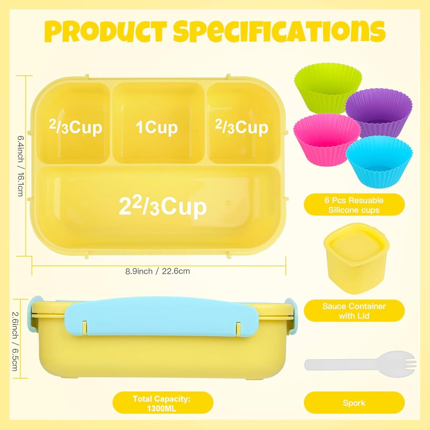 MaMix Bento Lunch Box Adult, Kids, Lunch Containers for Adults/Kids/Students,1300ML-4 Compartment (Blue)