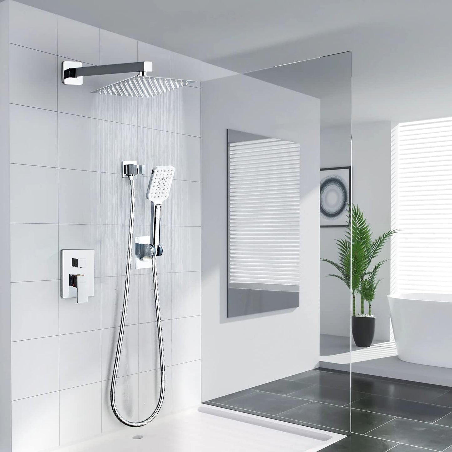 LCEVCGK Shower Faucet Set Complete Matte Black Shower System with 8 inch Square Rainfall Shower Head 3-Function Handheld Shower Waterfall Bathtub Spout Rain Shower Combo Set Bathroom Wall Mounted