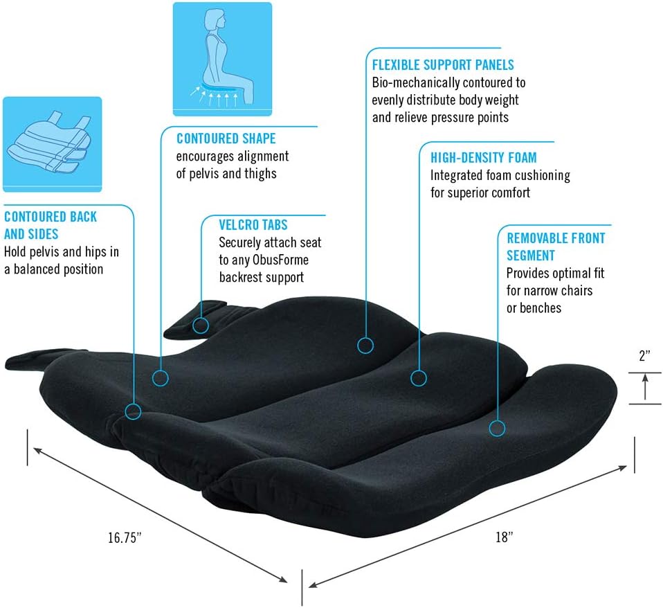 ObusForme Ergonomic Seat Cushion | Contoured Design Supports Pelvis and Thigh Alignment, Distributes Body Weight to Relieve Pressure Points | Foam Cushion Offers Superior Comfort (Bagged)