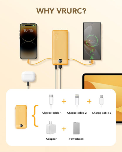 Portable Charger Built-in Cables and AC Wall Plug, VRURC USB C Power Bank 10000mAh, [2025 Upgraded Version] Phone Charger Compact Lightweight External Battery Pack for Smart Phones,Navy Blue
