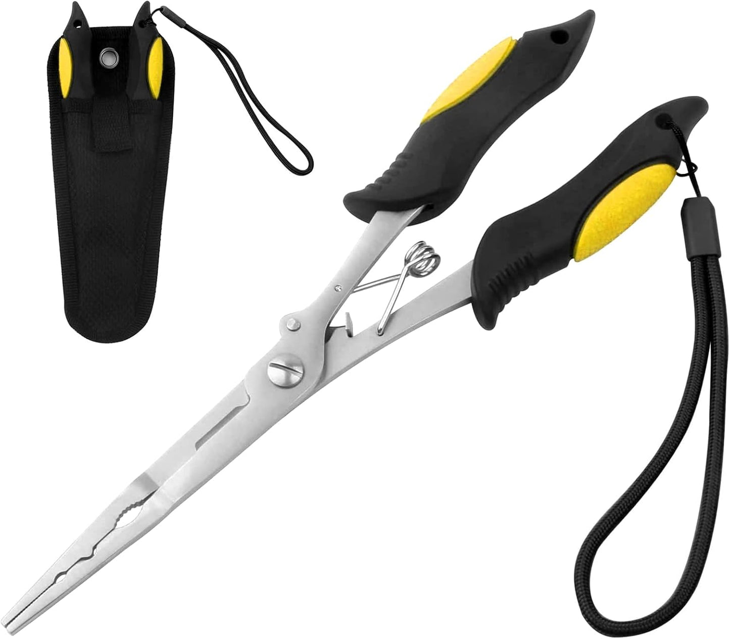Fishing Pliers Stainless Steel Hook Remover Braid Cutter Rustproof Saltwater Split Ring Pliers Fishing Multi-Tools with Sheath and Lanyard
