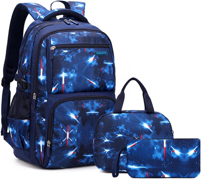 Boys Backpacks Primary Junior High School Bag Kids Bookbag with Lunch Bag 3 in 1 Casual Daypack Set Space Galaxy Durable Knapsack