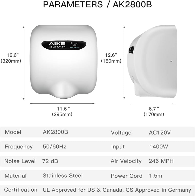 AIKE Surface Mounted High Speed Commercial Hand Dryer CUL Approved 120V 1500W, Brushed Stainless Steel Finish Model AK2800B