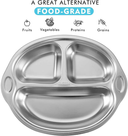 BPA-Free 100% Food-Grade Stainless Steel Baby Plates with Suction Divided Designed for Babies and Toddlers, Ideal for Kids Infant Baby-Led Weaning Toddler Feeding Supplies Dishwasher Safe