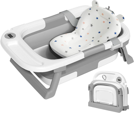 Collapsible Baby Bathtub,Baby Bath Tub with Thermometer & Soft Cushion,Baby Bathtub for Newborn to Toddler 0-36 Months,Portable Travel Baby Tub with No-Slip Feet,Baby Shower Gifts,Grey