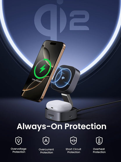 UGREEN MagFlow 15W Qi2 Magnetic Wireless Charging Station, Fast Charger Station Compatible for Magsafe Charger Stand, for iPhone 16/15/14/13 Series, Airpods Pro/4/3/ 2(No AC Adapter)