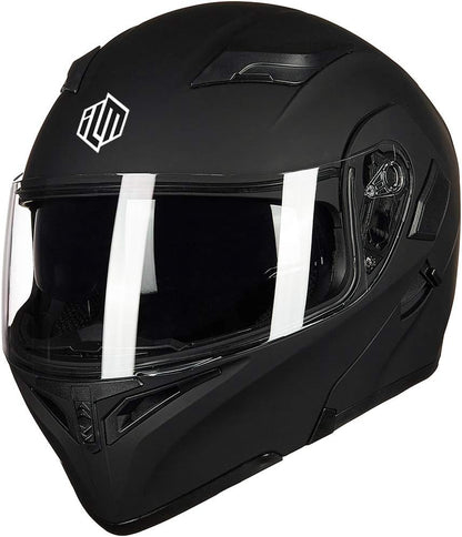 ILM Motorcycle Dual Visor Flip up Modular Full Face Helmet DOT with 7 Colors (L, Matte Black)