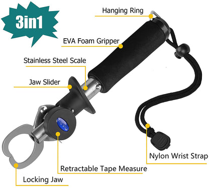 Fish Lip Gripper With Scales - Portable Stainless Steel Holder and Grabber Tool - 40 Pound Capacity With Weight Scale, Ruler and Lanyard