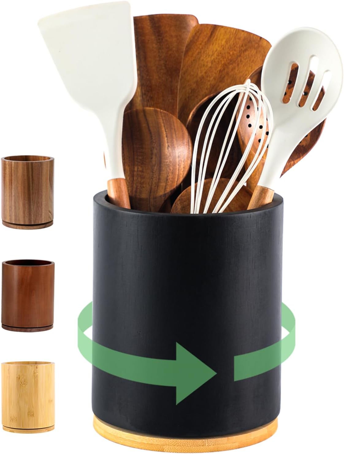 Wooden Utensil Holder | Rotating Utensil Organizer | Kitchen Counter Storage Crock | Farmhouse Countertop Decor | Cooking Utensil Stand - PuriLite