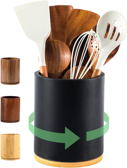 Wooden Utensil Holder | Rotating Utensil Organizer | Kitchen Counter Storage Crock | Farmhouse Countertop Decor | Cooking Utensil Stand - PuriLite