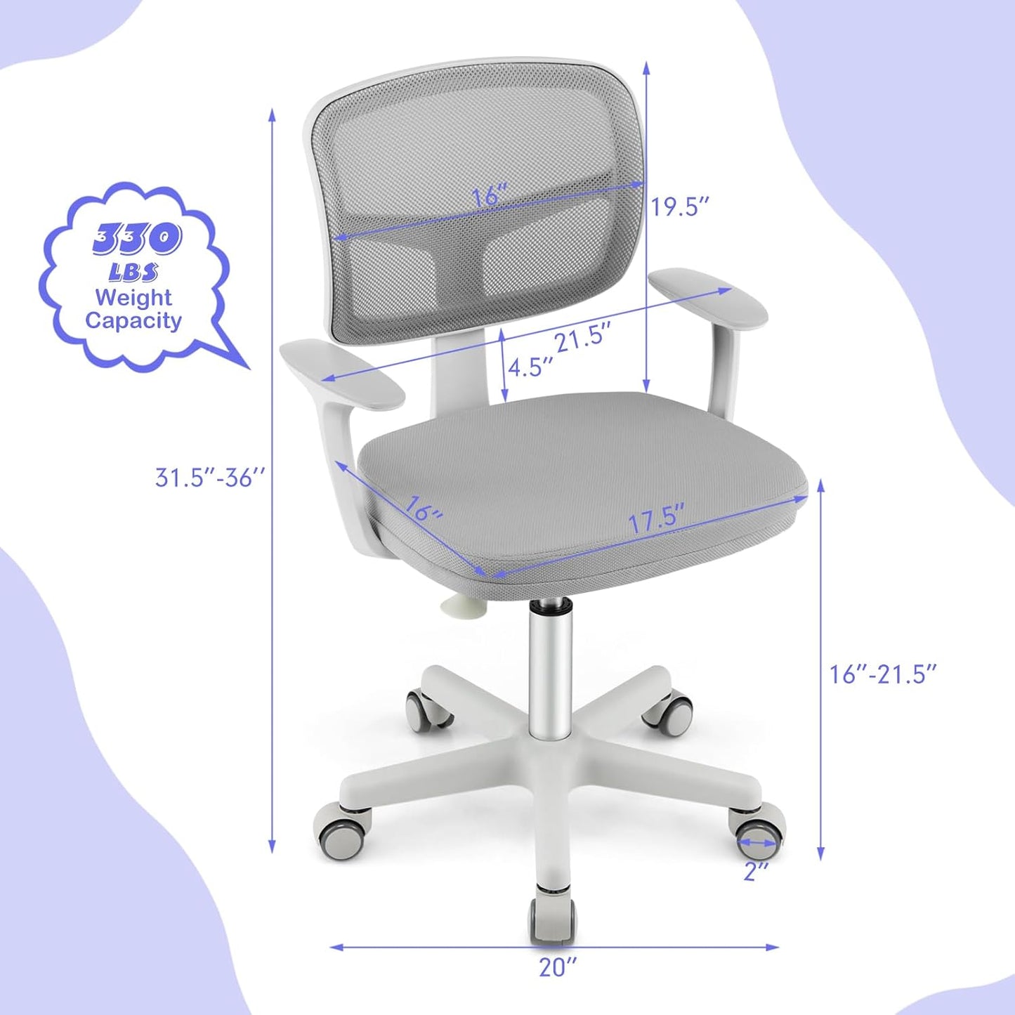 Costzon Kids Desk Chair, Children Study Computer Chair with Adjustable Height, Lumbar Support, Smooth Casters, Swivel Mesh Seat, Ergonomic Kids Task Chair for 4-12, Home, School, Office (Grey)