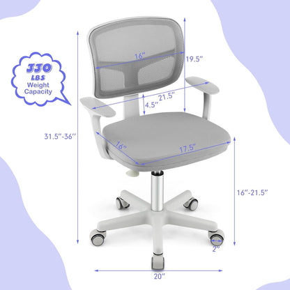 Costzon Kids Desk Chair, Children Study Computer Chair with Adjustable Height, Lumbar Support, Smooth Casters, Swivel Mesh Seat, Ergonomic Kids Task Chair for 4-12, Home, School, Office (Grey)