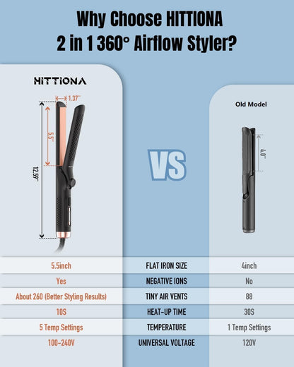 360° Airflow Styler Curling Iron, 2 in 1 Hair Straightener and Curler with Vented Cool Air to Lock in Style, 1.25 Inch Extra Long Flat Iron Curling Iron in One, Dual Voltage for Travel, LCD Display