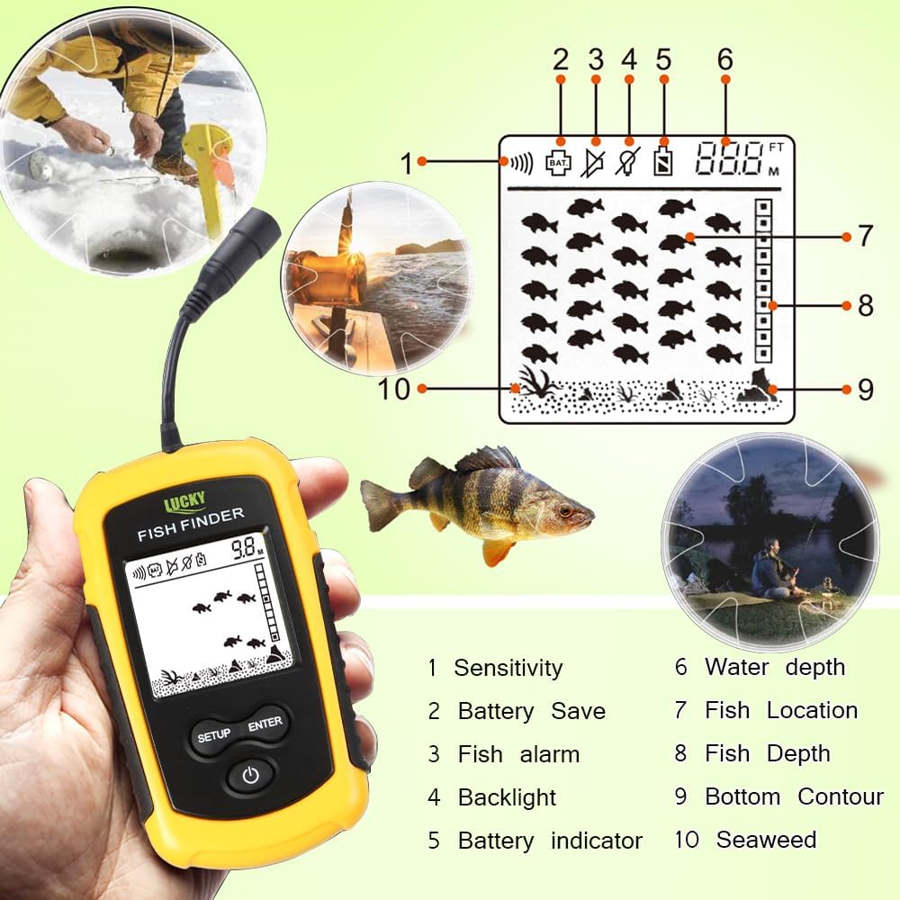 Lucky Kayak Handheld Fish Finder Sonar LCD Wired Fish Finder Transducer Boat Water Depth Finders Display FF1108-1
