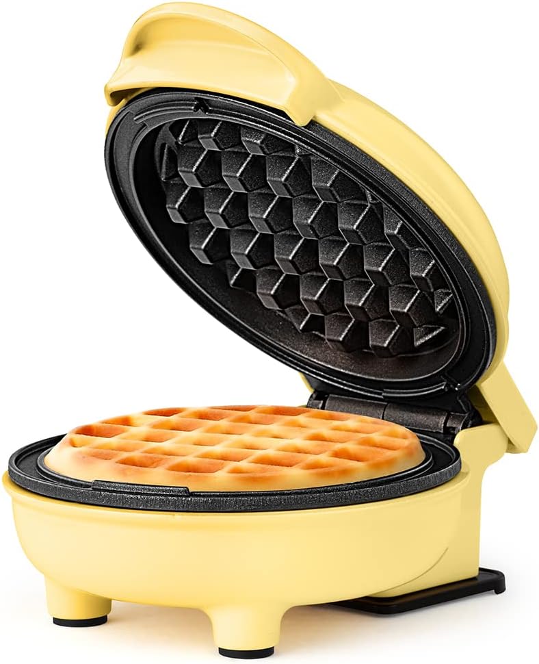 Holstein Housewares Personal/Mini Waffle Maker, Non-Stick Coating, Yellow - 4-inch Waffles in Minutes, Ideal for Breakfast, Brunch, Lunch or Snacks
