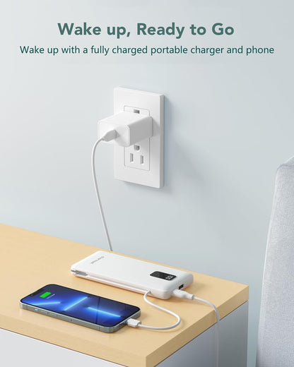 Charmast 10000mAh Portable Charger with Built-in Cables and AC Wall Plug,USB C Battery Pack Power Bank,5 Output 2 Input Battery Pack Compatible with iPhone 16/15/14/13/12,Andriod Series