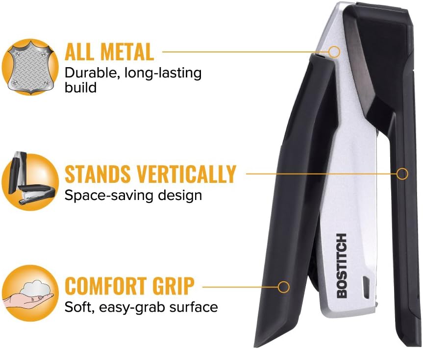 Bostitch Office Metal Executive 3-in-1 Spring-Powered Stapler, One-Finger Operation, Jam-Free, Built-In Staple Remover & Storage, Staples Up to 28 Sheets, Black/Gray - PuriLite