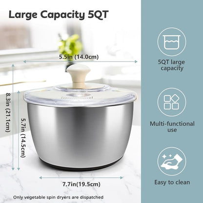 Cenroelon Stainless Steel Salad Lettuce Spinner Quick Manual Compact with Lid,Basin Drain Frame Non-Slip Base