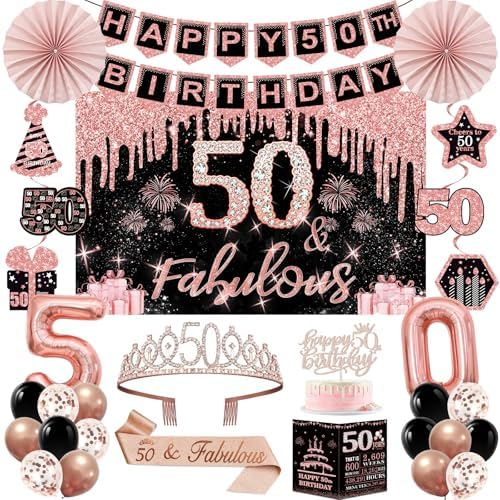 40th Birthday Decorations for Women,32pcs 40th Birthday Party Decorations,Including Backdrop, Crown,Sash,banner, Hanging Swirl,Cake Topper,balloons,Paper Fans,Anniversary Card and paper fans