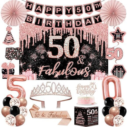 40th Birthday Decorations for Women,32pcs 40th Birthday Party Decorations,Including Backdrop, Crown,Sash,banner, Hanging Swirl,Cake Topper,balloons,Paper Fans,Anniversary Card and paper fans