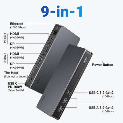 UGREEN Revodok Pro 209 USB C Docking Station, 9-in-1 DisplayLink Dual 4K@60hz Triple Extended Modes for MacBook, 2 DP & 2 HDMI Ports, 10Gbps USB C & USB-A Data, 100W PD, Ethernet for macOS, Windows