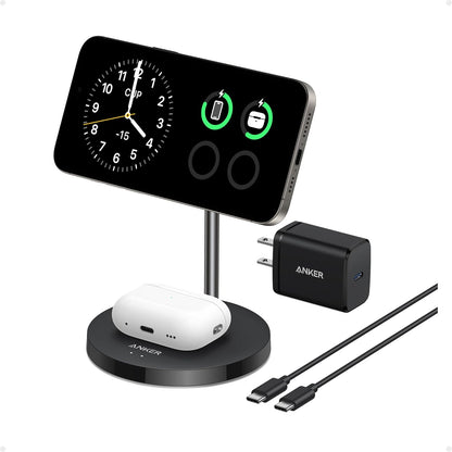 Anker MagSafe Compatible MagGo Charger Stand, iPhone 16 Wireless Charger, 2-in-1 Charging Station, Qi2 Certified 15W Max Charging, for iPhone 16/15/14/13/12, AirPods Pro (White, with 40W Adapter)