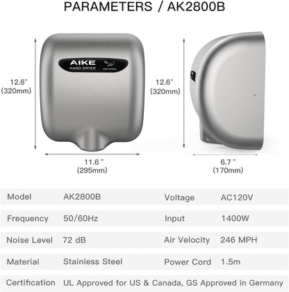 AIKE Surface Mounted High Speed Commercial Hand Dryer CUL Approved 120V 1500W, Brushed Stainless Steel Finish Model AK2800B