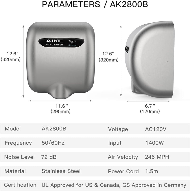 AIKE Surface Mounted High Speed Commercial Hand Dryer CUL Approved 120V 1500W, Brushed Stainless Steel Finish Model AK2800B