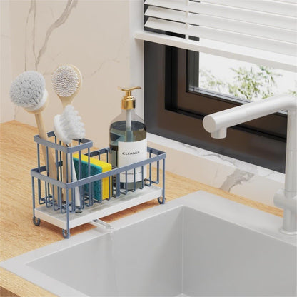 Cisily Sponge Holder for Kitchen Sink, Sink Caddy with High Brush Holder, Organzier Rustproof 304 Stainless Steel Dish Organizer Divider, Soap Dispenser Storage (Black)