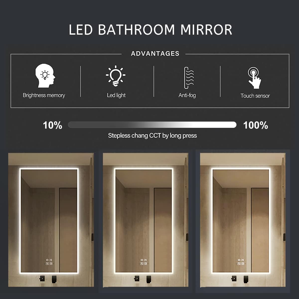 DP Home LED Lighted Bathroom Vanity Wall Mirror with Touch Button, Dimmable, Vertical & Horizontal Mount Mirrors 70 x 32 in E-N031-7032-TS Wall Mounted Makeup LED Vanity Mirror