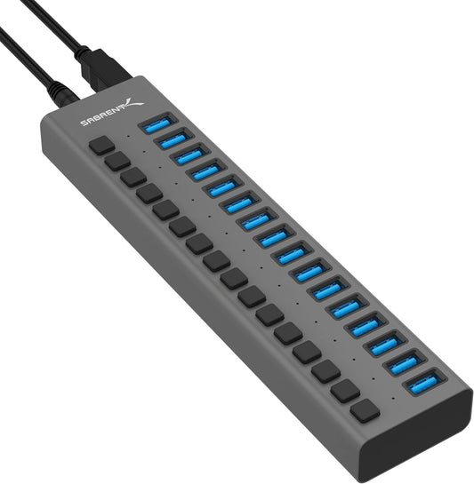 SABRENT16 Port USB hub 3.2 x1 and Charger 90W, with Power Adapter, Fast Powered Data hub, Multiple USB Charging, USB Docking Station, multiport hubs, LEDs on/Off Switch, Mount Bracket Included