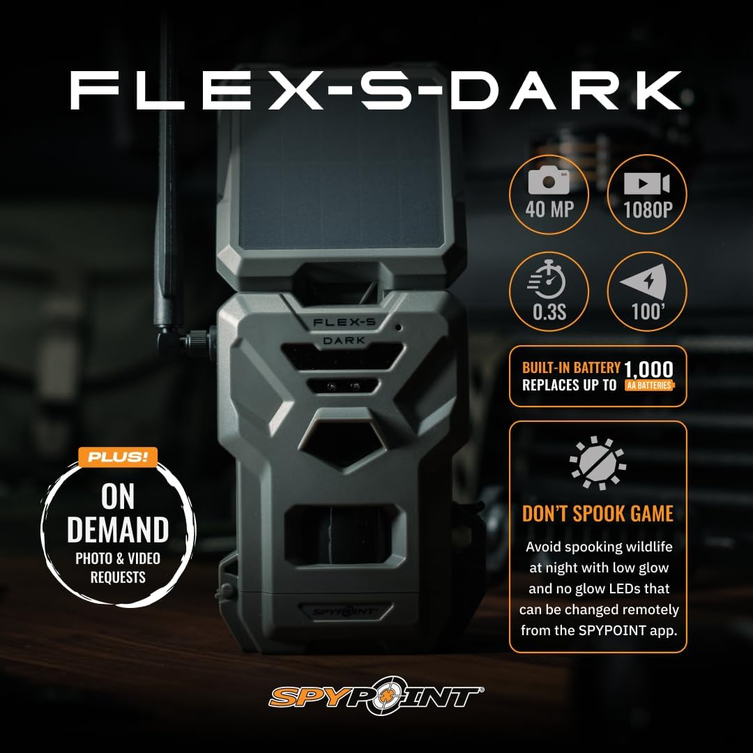 SPYPOINT Flex-S Dark Ultimate Pack Solar Outdoor Cellular Trail Camera - Integrated Solar Panel, No WiFi Needed, Night Vision Motion Activated, Dual-Sim LTE, 40MP Photos and 1080p w/Sound