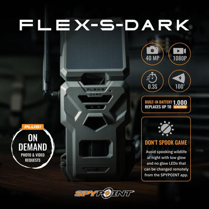 SPYPOINT Flex-S Dark Ultimate Pack Solar Outdoor Cellular Trail Camera - Integrated Solar Panel, No WiFi Needed, Night Vision Motion Activated, Dual-Sim LTE, 40MP Photos and 1080p w/Sound