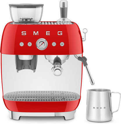 Smeg 50's Retro Style Semi-Automatic Espresso Coffee Machine with Built-in Grinder, Coffee & Latte Drinks, Double-Thermoblock Heating System, Red, EGF03RDUS