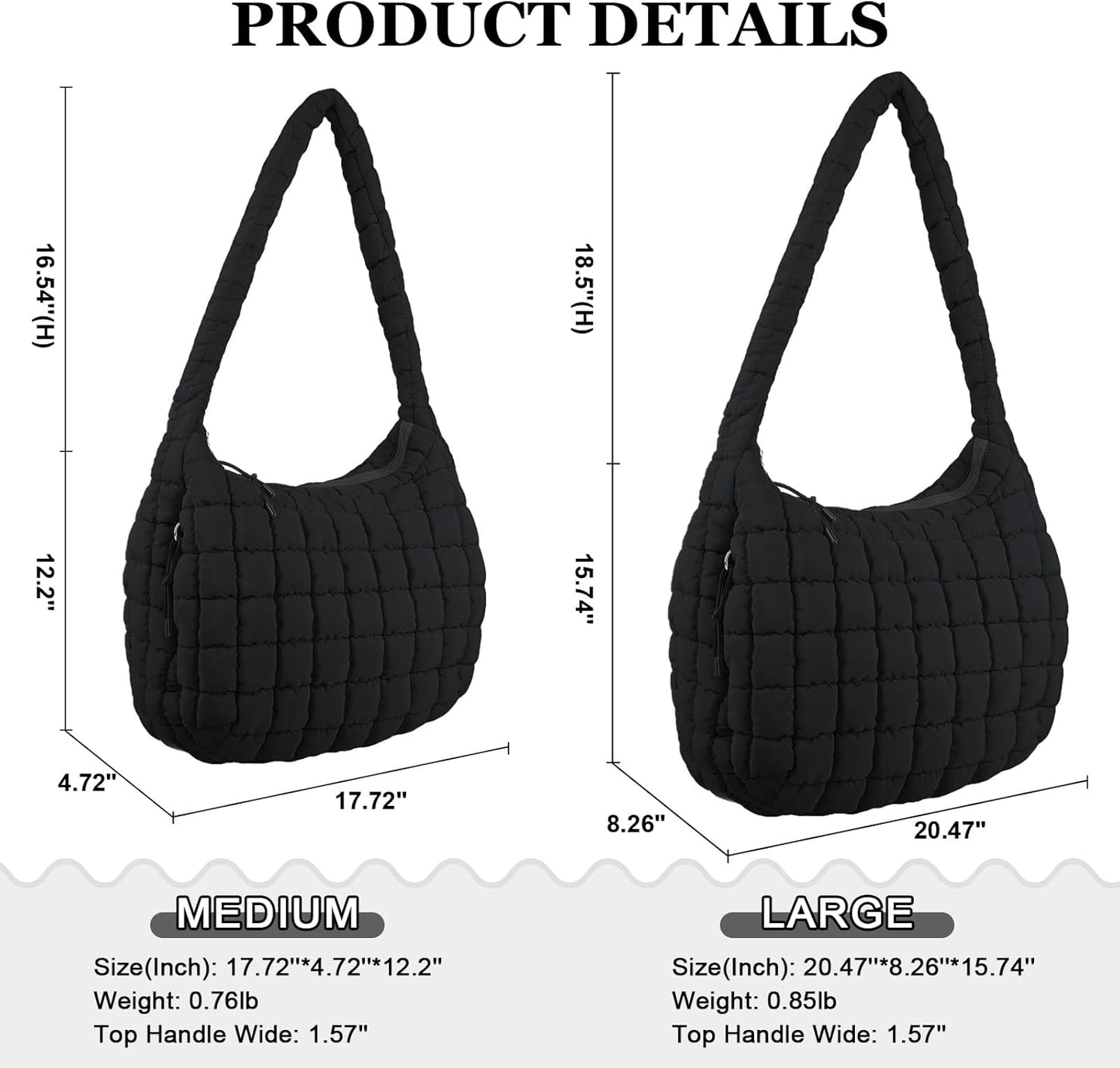 Quilted Puffer Tote Bag Large Crossbody Shoulder Bag with Zipper, Nylon Hobo Oversized Handbag