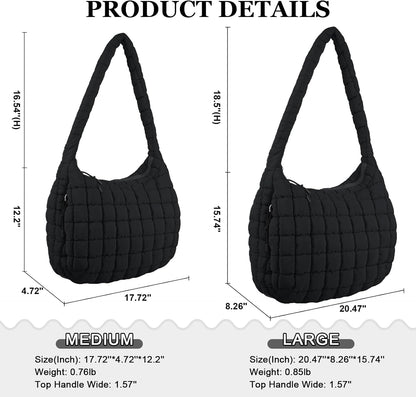 Quilted Puffer Tote Bag Large Crossbody Shoulder Bag with Zipper, Nylon Hobo Oversized Handbag
