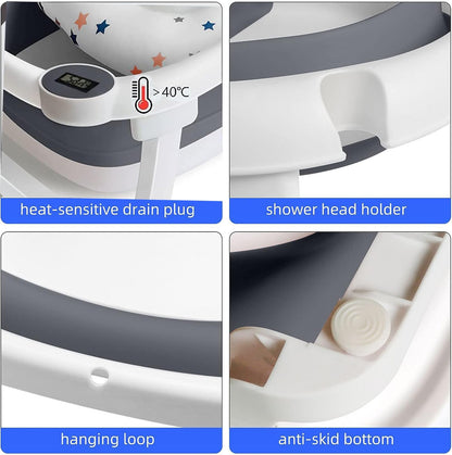 Befol Collapsible Baby Bathtub for Infants to Toddler, Portable Travel Bathtub Multifunctional Bathtub with Drain Hole, Baby Folding Bathtub for Newborn 0-36 Month (Blue+Floating Baby Bath Cushion Pink