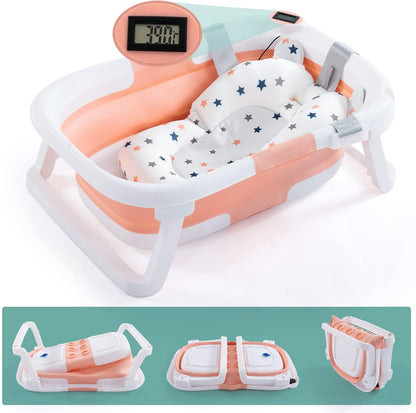 Baby BathTub, 4-in-1 Newborn to Toddler Tub with Temperature Sensor,Infant Waterproof Ear Cap and Soft Cushion included,Blue