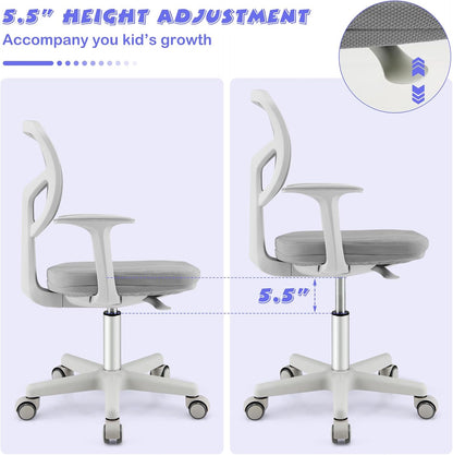 Costzon Kids Desk Chair, Children Study Computer Chair with Adjustable Height, Lumbar Support, Smooth Casters, Swivel Mesh Seat, Ergonomic Kids Task Chair for 4-12, Home, School, Office (Grey)