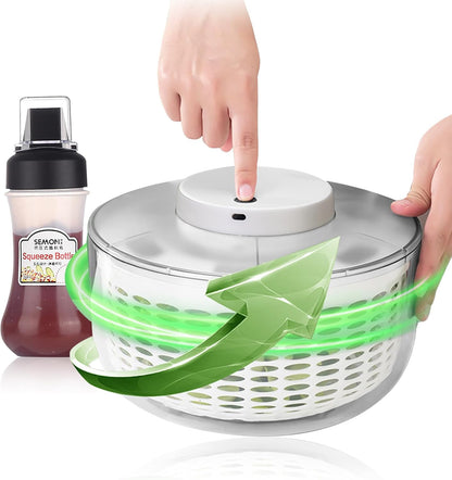 Electric Salad Spinner,6L Large Capacity Lettuce Spinner,Automatic Vegetables Fruit Washer Dryer Drainer Strainer,USB Charge,Quick Dehydrator with 350 ml Squeeze Bottle for Home Kitchen