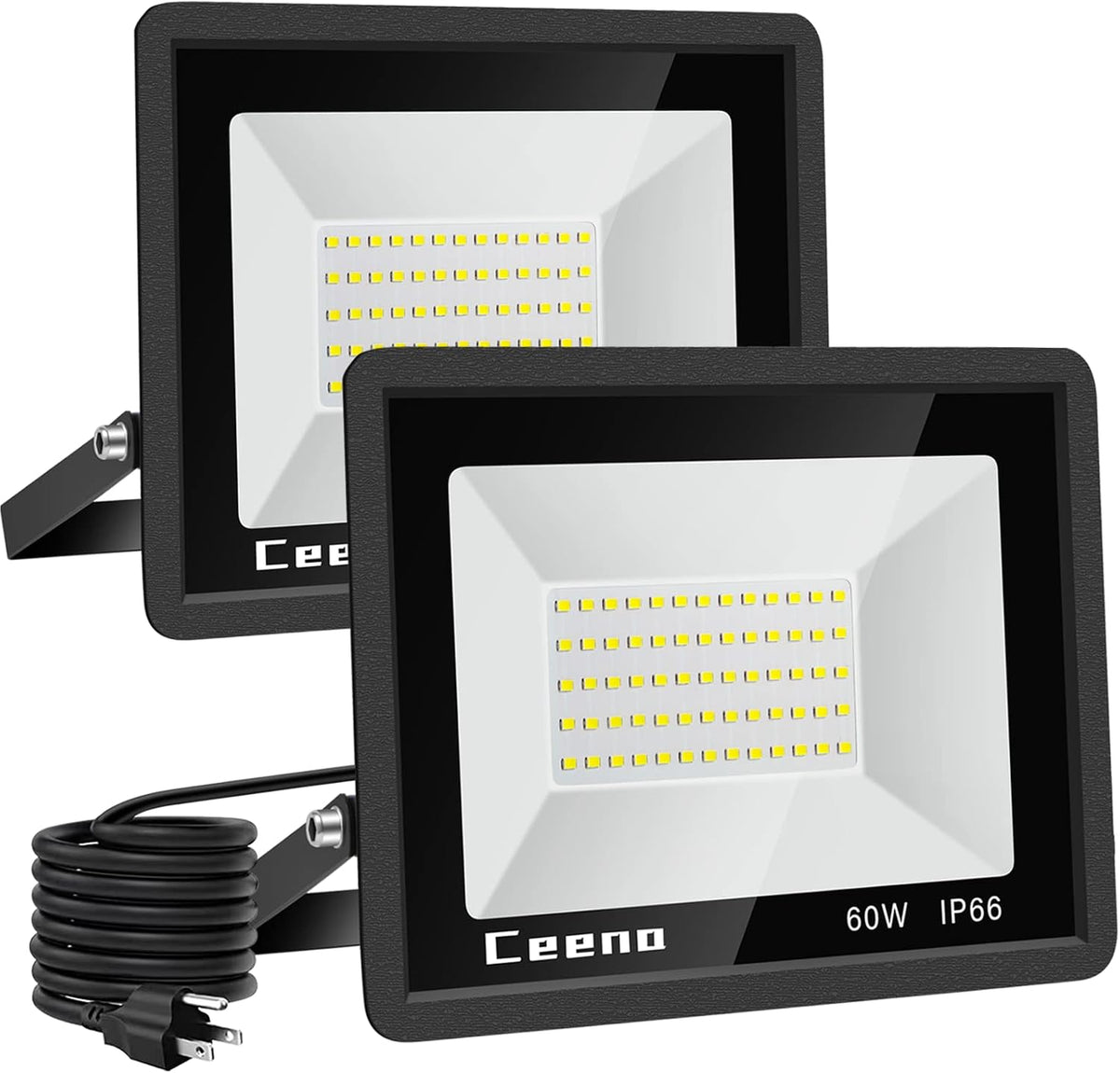 Ceena 2 Pack 60W Plug in LED Flood Light Outdoor, 6000lm Super Bright Floodlight with 5.9FT Wire, IP66 Waterproof 6000K LED Work Light for Garage, Yard, Patio, Front Door
