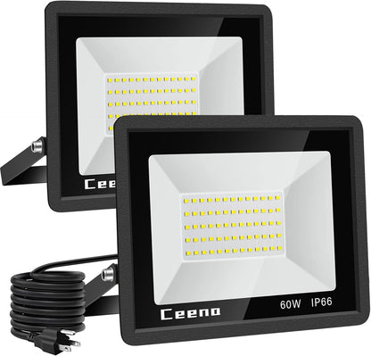 Ceena 2 Pack 60W Plug in LED Flood Light Outdoor, 6000lm Super Bright Floodlight with 5.9FT Wire, IP66 Waterproof 6000K LED Work Light for Garage, Yard, Patio, Front Door